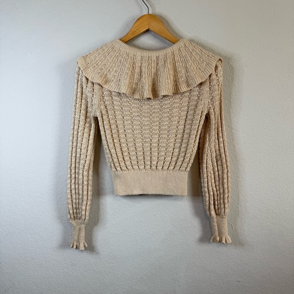 Free People Crazy In Love Tan Cream Ruffle Knit Long Sleeve Sweater Blouse Sz XS - Picture 6 of 12